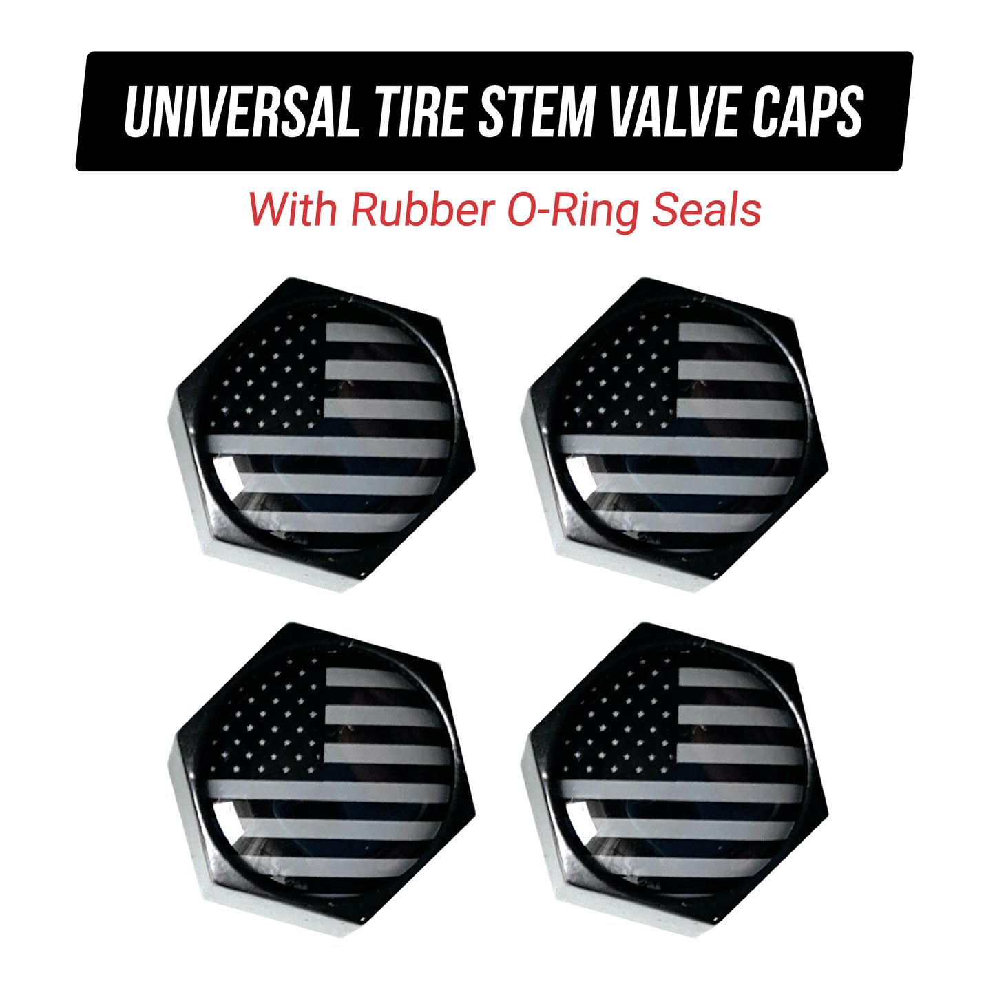 American Flag Valve Stem Cap - Black Subdued Aluminum with Rubber Ring Tire Wheel Rim Dust Cover fits Cars, Trucks, Bikes, Motorcycles, Bicycles - (4 Pack) - TiresFX