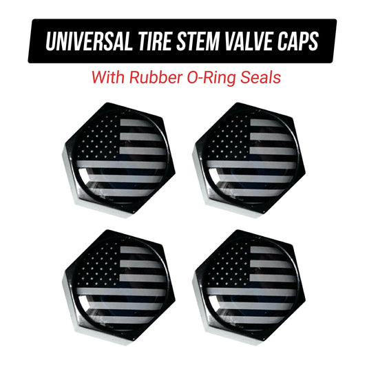 American Flag Valve Stem Cap - Black Subdued Aluminum with Rubber Ring Tire Wheel Rim Dust Cover fits Cars, Trucks, Bikes, Motorcycles, Bicycles - (4 Pack) - TiresFX